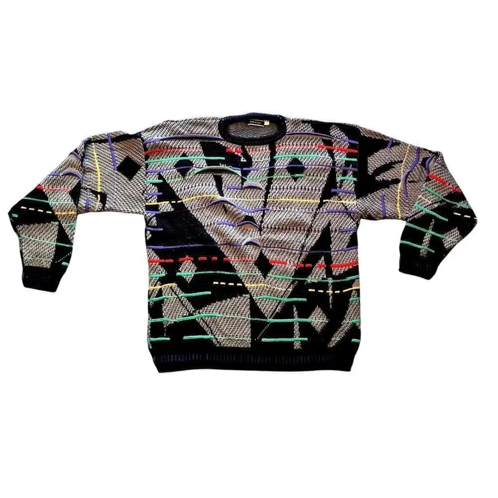 VTG Hilton Coogie Style  XL Acrylic Sweater Grey/Blk Cubist Face - Picture 3 of 11